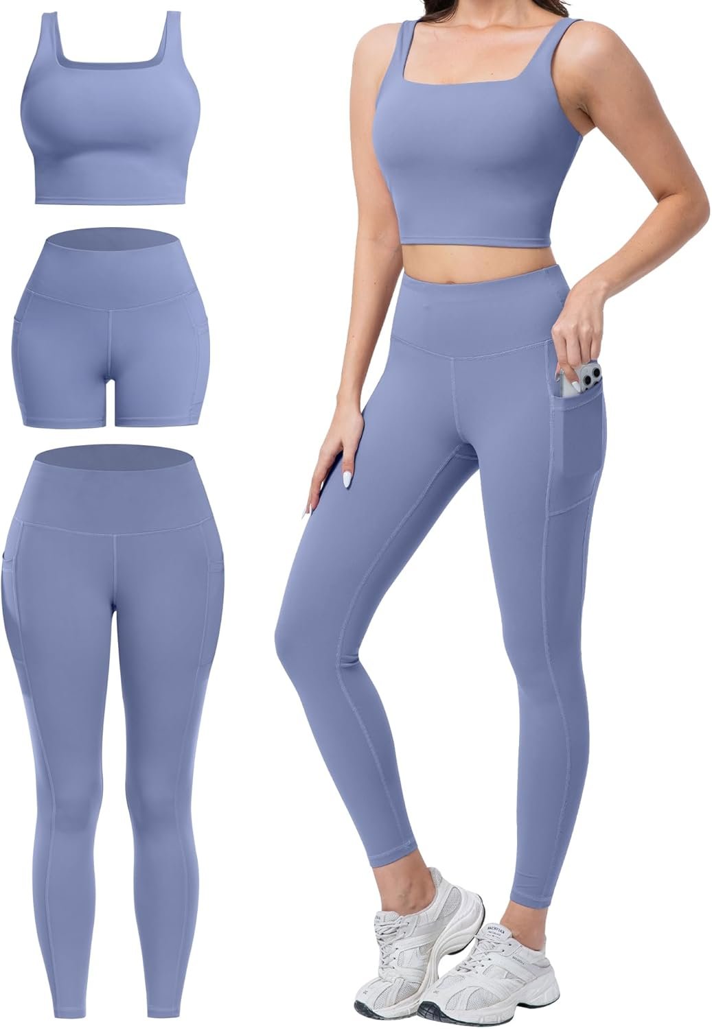 3 Piece Workout Sets for Women High Waisted Leggings with Pockets Tummy Control Biker Shorts Yoga Sports Bra