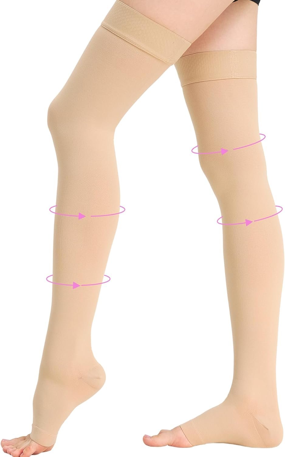 20-30 mmHg Thigh High Compression Stockings for Women, Open Toe with Stay-Up Dot-Top – Relief for Varicose Veins, DVT, Swelling, Pregnancy & Travel