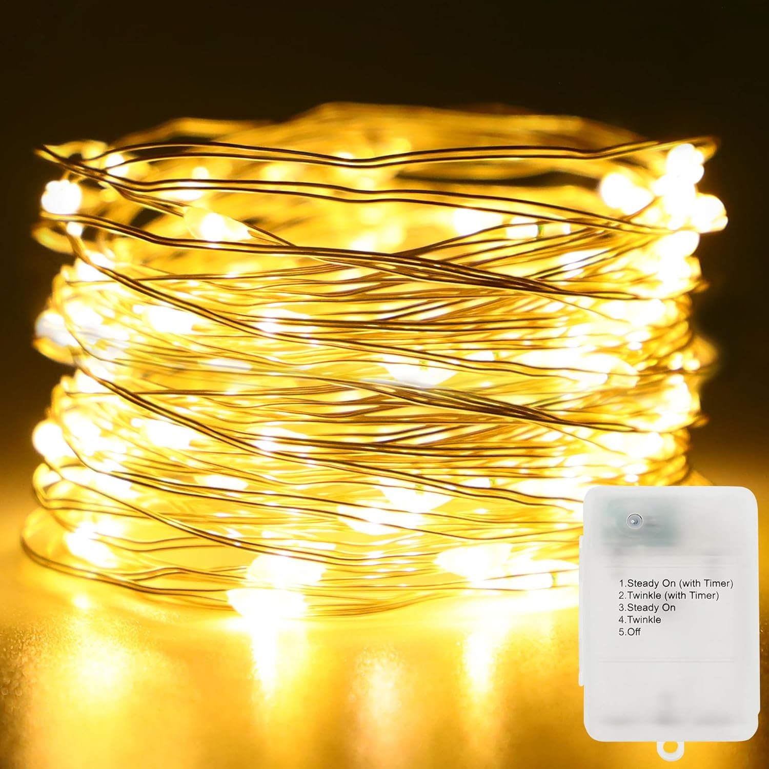 Fairy Lights Battery Operated 16.4Ft 50 LED Silver Copper Wire Twinkle Lights with 2 Lighting Modes for Christmas Bedroom Wedding Dorm Party Holiday Yard Decoration (Warm White)