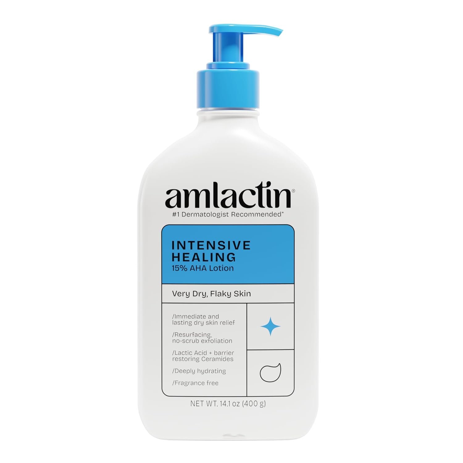 AmLactin Intensive Healing Body Lotion – Therapeutic Lotion for Extremely Dry Skin – No-Scrub Exfoliator and Moisturizer with 15% Lactic Acid AHA and Ceramides, 14.1 oz (Packaging May Vary)