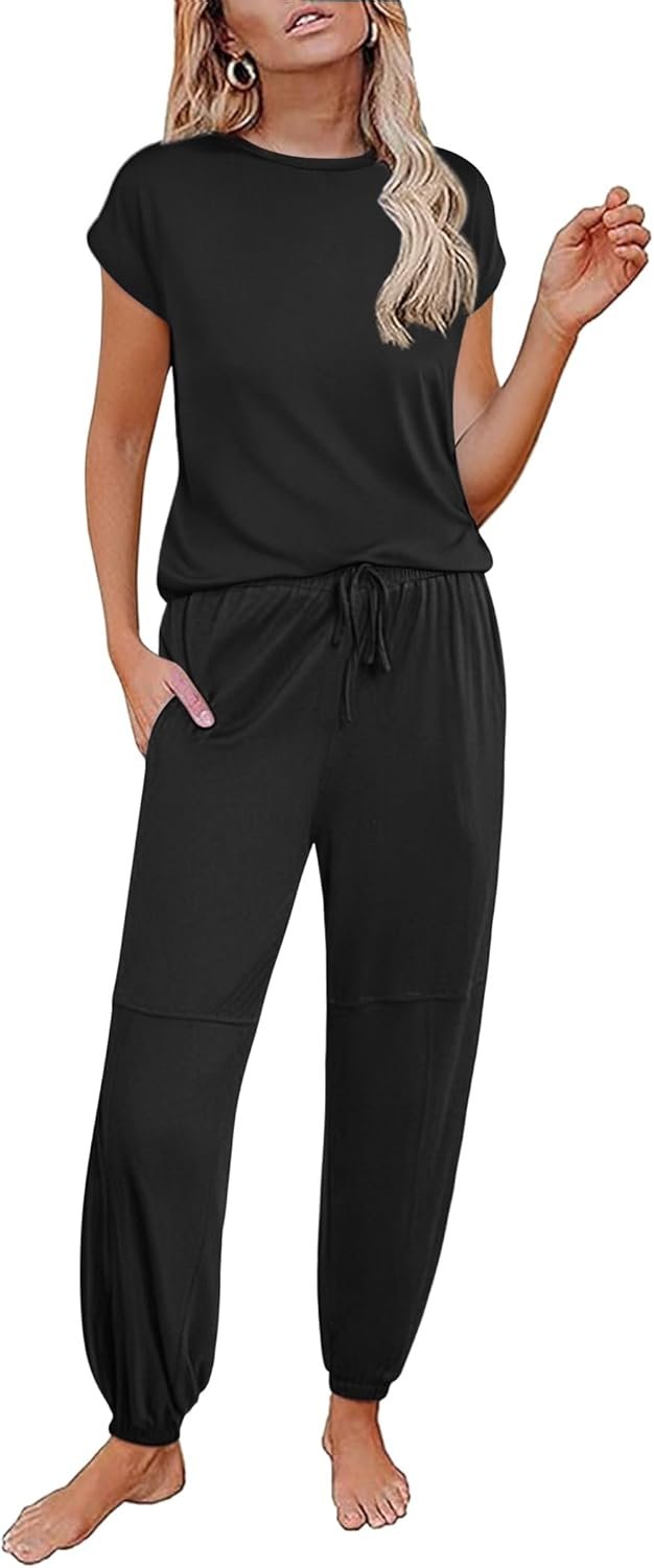 Ekouaer Pajamas for women 2 Piece Lounge Set Cap Sleeve Sleepwear Joggers Pants Pjs with Pockets S-XXL