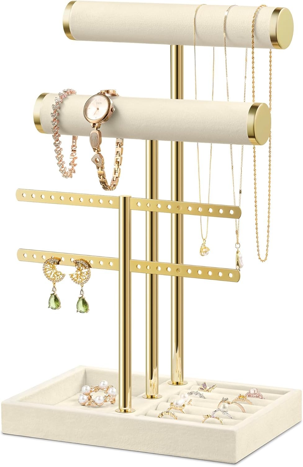 Bracelet Holder Jewelry Organizer Display – 3 Tier T Bar Velvet Stand, Beige Jewelry Storage for Bracelet, Necklaces, Earrings, Rings, Watches