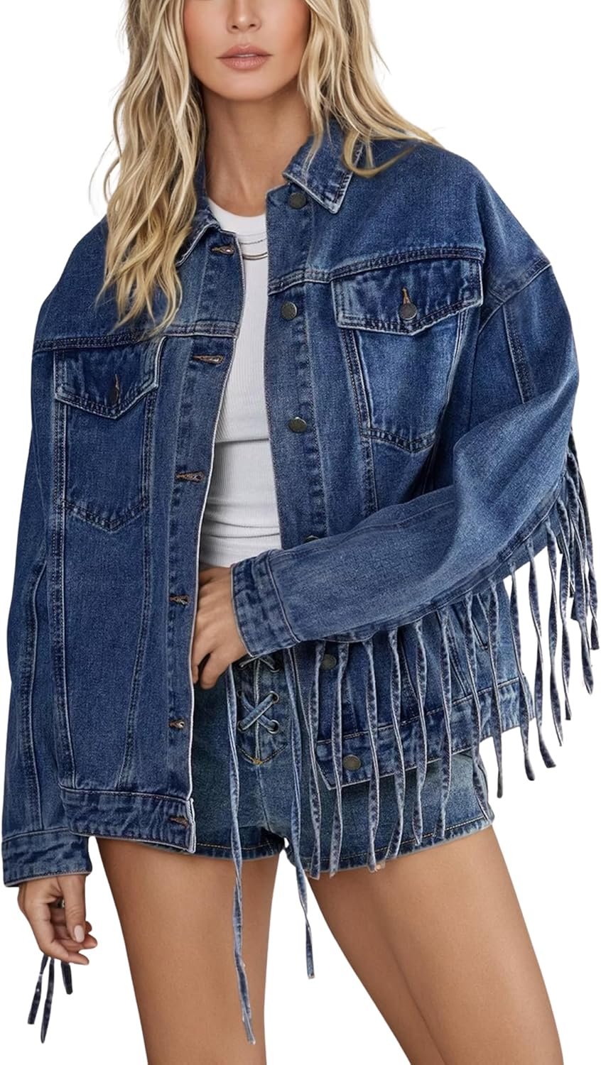 Omoone Women’s Oversized Denim Fringed Jacket Tassel Jean Jackets Cowgirl Western Country Concert Outfits 2026