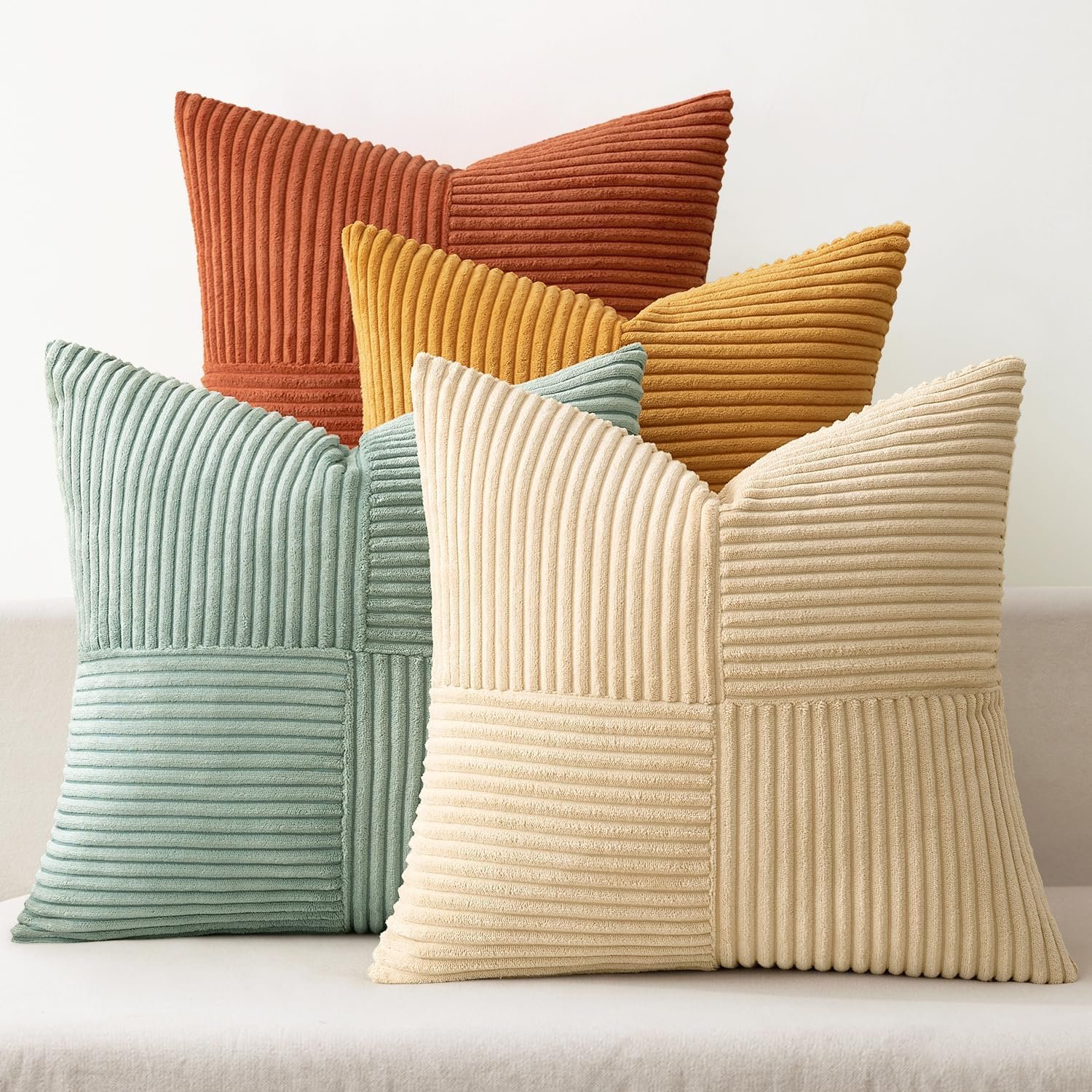 MIULEE Teal Orange Decorative Throw Pillow Covers 18×18 Inch Set of 4 Boho Corduroy Striped Cushion Cases Modern Farmhouse Patchwork Pillow Cases for Couch Sofa Bedroom Home Decor